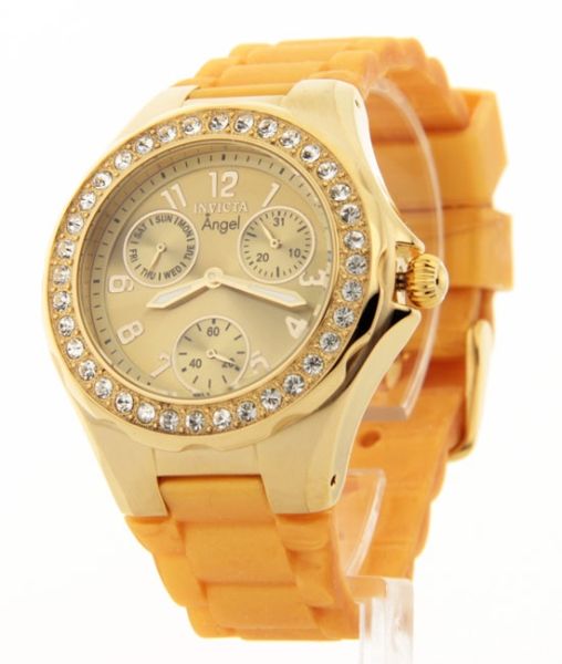 Invicta Womens Crystal Bezel Angel Polished Steel 3 Eye Day Date 