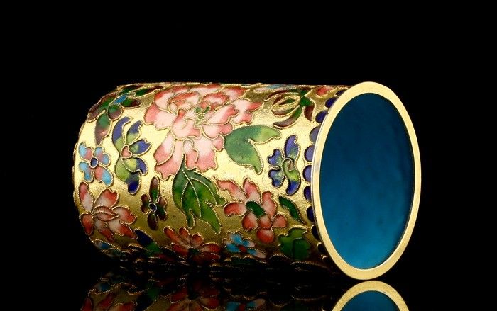 EXCELLENT GIFT RARE GOLD PLATED CLOISONNE PENCIL VASE 1297  