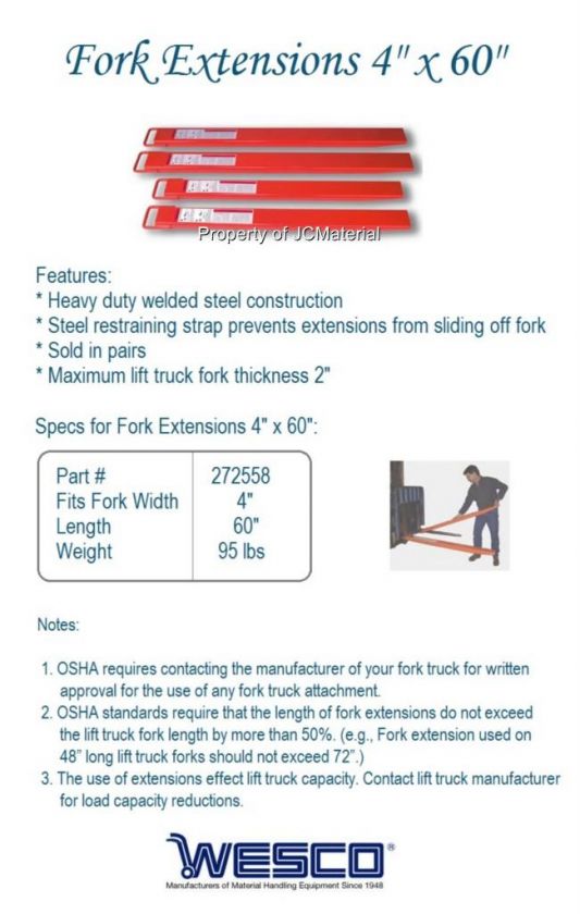 Wesco Forklift Truck Fork Extensions 4x60 272558 SALE  