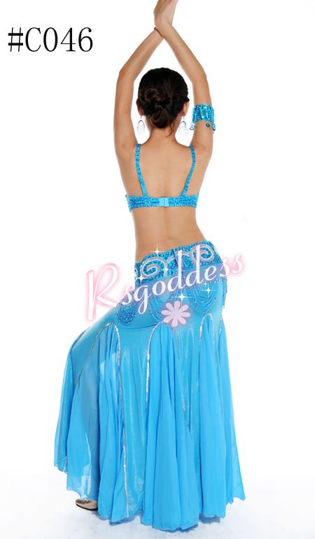   Light blue belly dance costume 3 pics bra belt skirt 36D 38D  