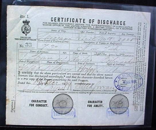 Merchant Navy Seamans Discharge Certificate No.33 J. Spencer Very 