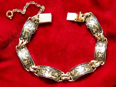 Beautiful Vtg Damascene Birds & Flowers Bracelet Signed  