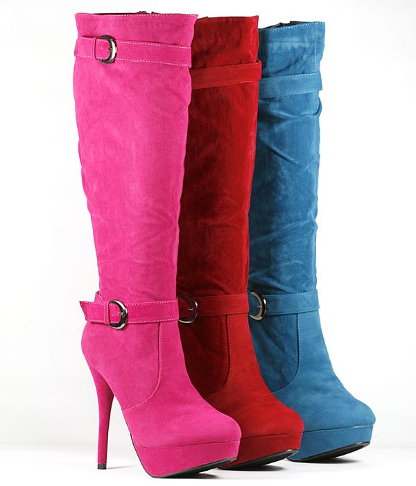   Heel Platform Double Buckle Straps Round Toe Fashion Knee Boot  