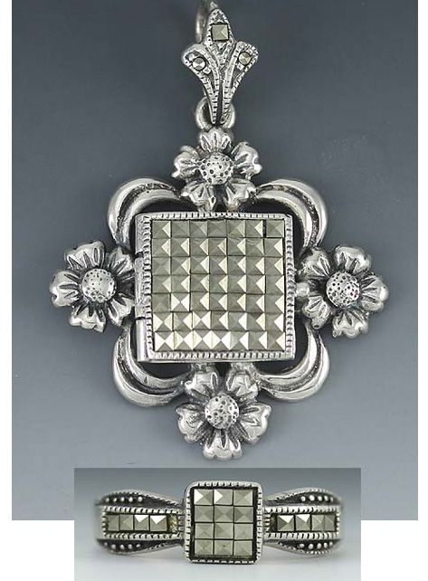 Sterling Marcasite Floral Locket Pendant & Ring Sz 7.5  