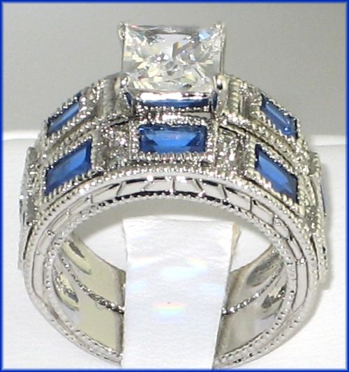ANTIQUE White Gold EP lab Sapphire & Diamond Bridal Wedding Ring Set 