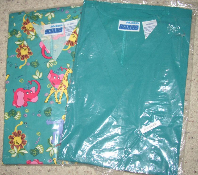 WOMENS SCRUBS ANIMAL PRINT OR PLAIN BLUE GREEN XL 2X  