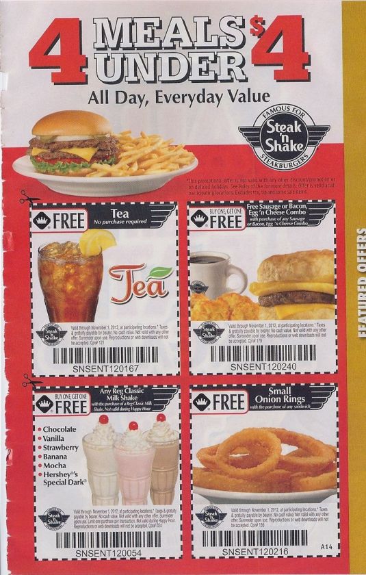 16 Steak n Shake Coupons NATIONWIDE exp 11 2012  