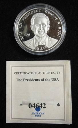 2000 SILVER $20 George W. Bush coin   ** COA **  (.999 PURE SILVER 