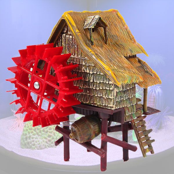   Fish Tank Ornament Decoration Hut Waterwheel Air Pump Driving  