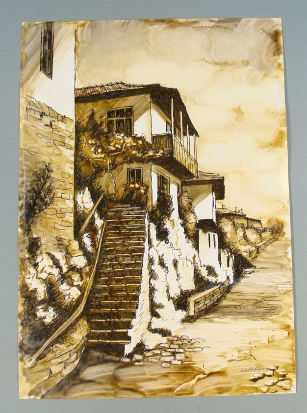 1999 ART BALKANS VILLAGE HOUSES PAINTING WATERCOLOR INK  