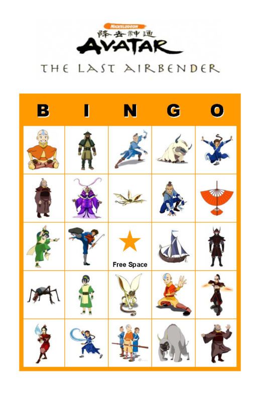 Avatar the Last Airbender Birthday Party Bingo Game  