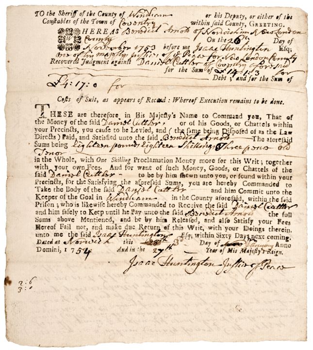 BENEDICT ARNOLD, III) 1754 Legal Document  