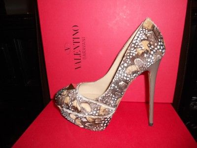 Valentino Rockstud Feather Print Calf Pleated Studded Platform Pumps 