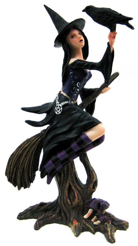 Lovely Forest Witch On Broomstick Statue W/ Crow  