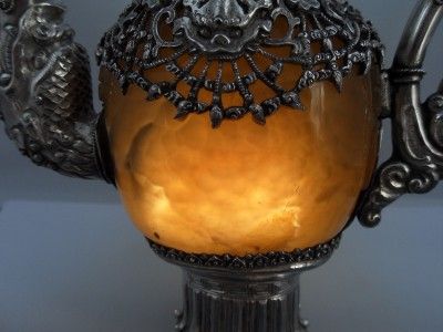   19thC ANTIQUE CHINESE SOLID SILVER & GOLDEN ONYX BEJEWELED EWER  