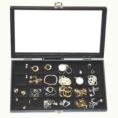 WOODEN GLASS TOP 24 COMPARTMENT JEWELRY DISPLAY CASE  