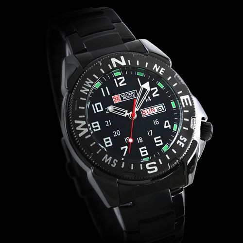 New Military Army Sport Date Mens Black Dial Stainless Steel Strap 