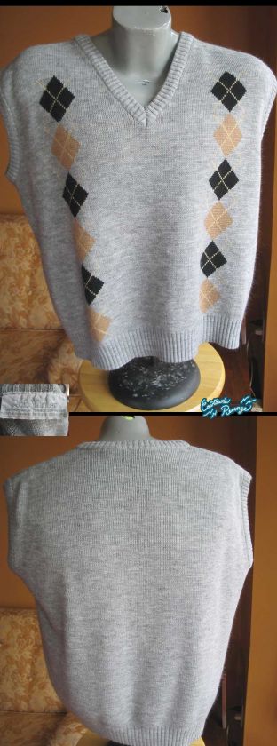 Vintage 80s Mens GREY ARGYLE NERD SWEATER VEST LARGE L  