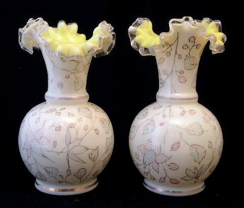 Enameled cased yellow English art glass vases, pair 7h  