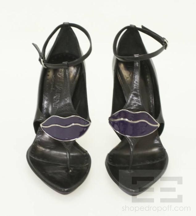   Yves Saint Laurent Black Leather & Purple Lip Sandal Heels Size 39 NEW