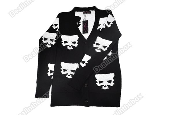 New Women Long V Neck Skull Trendy Knit Sweater Cardigan 2 Colors 