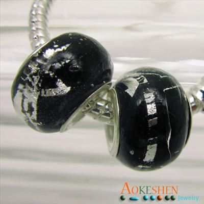 10 Black&Silver Lampwork Glass Bead Fit Bracelet PDP29  