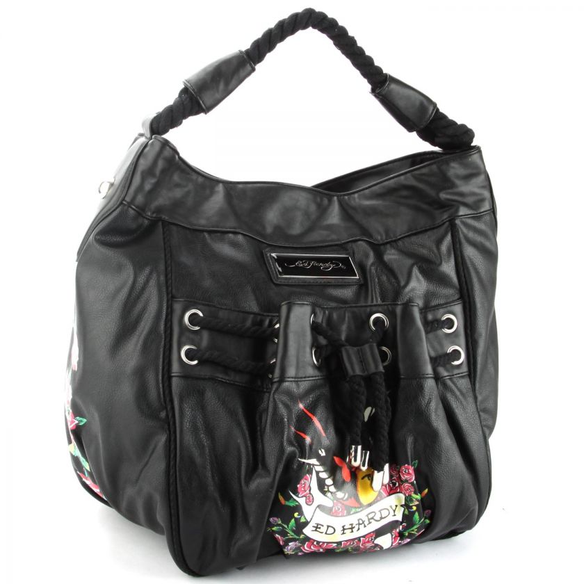 Ed Hardy Black Azura Rosebird Hobo Bag  Black  