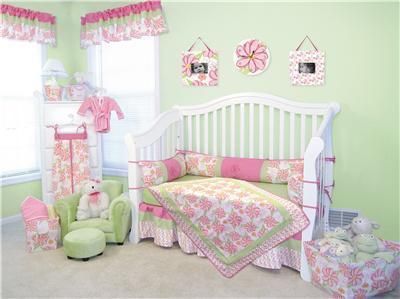 HULA PINK SAGE GREEN FLORAL BABY GIRL CRIB BEDDING SET  