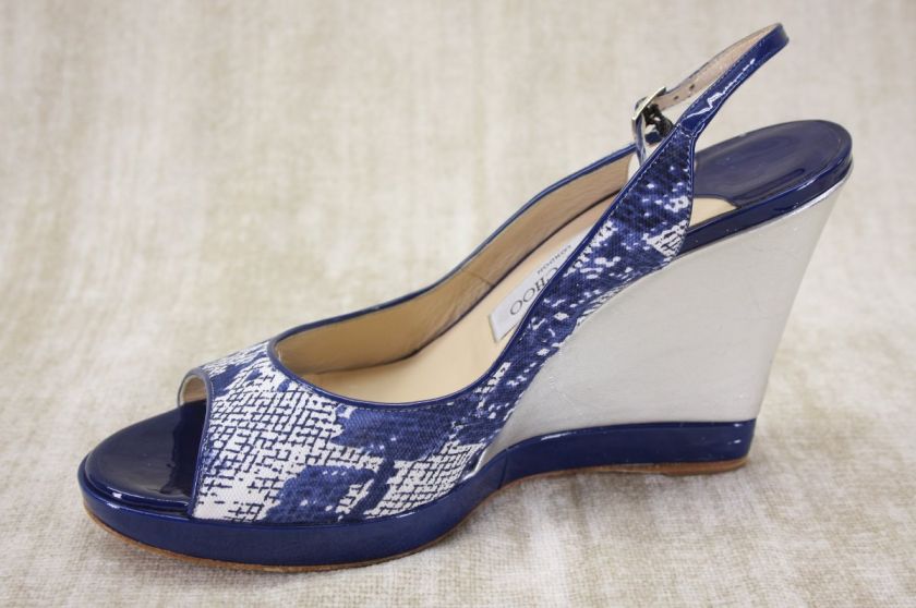 New Jimmy Choo Lawson Snake Print Blue Silver Wedge Sling Platform 