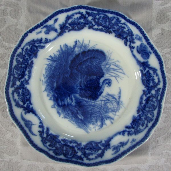 11 Antique FLOW BLUE CAULDON Turkey Dinner Plates England SET  