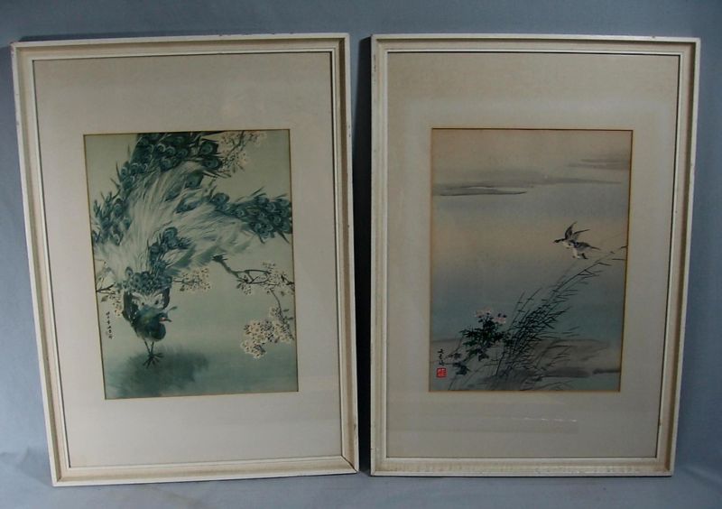 Pr Asian Framed Flying Pheasants & Peacock Bird Prints  