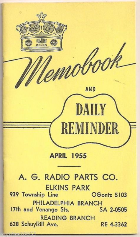 April 1955 UNUSED Daily Reminder A.G. Radio Parts Co  