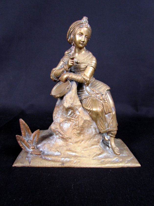 Antique Bronze Statue, Clock Topper, Woman Tambourine Player  