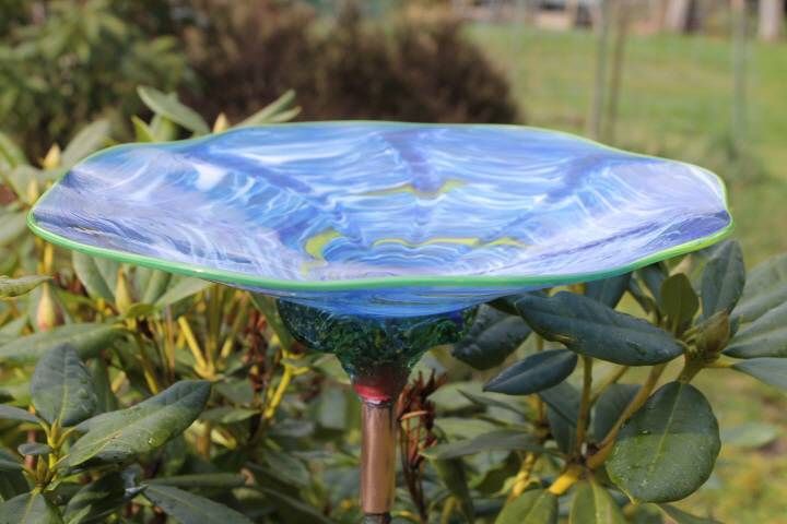 Sky Blue Hand Blown Glass Shallow Bird Bath Outdoor Garden Decoration 