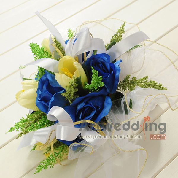 Tulle Wrapped Blue Roses and Yellow Tulip Wedding Bouquet with Ribbons 