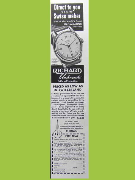 1950s RICHARD SWISS WATCH VINTAGE PRINT AD  
