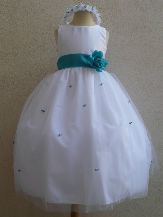 NEW WHITE TURQUOISE BRIDALS FLOWER GIRL PAGEANT DRESSES  