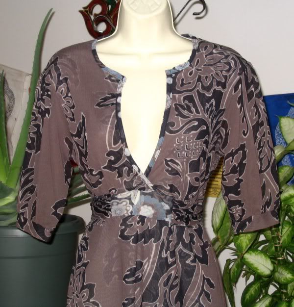 SWEET PEA Brown & Black Floral Print Stretch Mesh Empire Waist Top L 