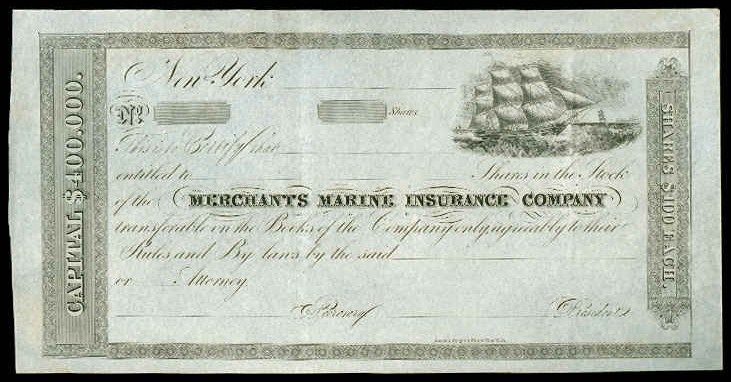 Scarce Stock Certificate, Merchants Marine Insurance Co  