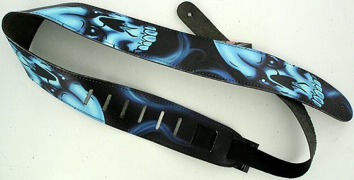 Leather Guitar Strap Blue Skulls Airbrushed 2 1/2  