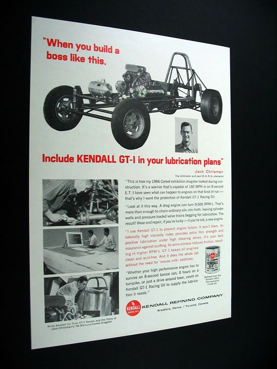 Kendall GT 1 Racing Oil Jack Chrisman Comet dragster Ad  