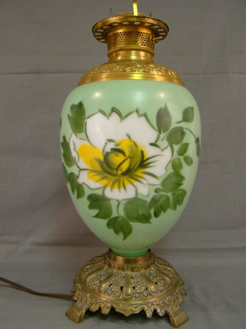 Vintage VICTORIAN Style JADITE GREEN Flower PAINTING Glass GWtW Oil 