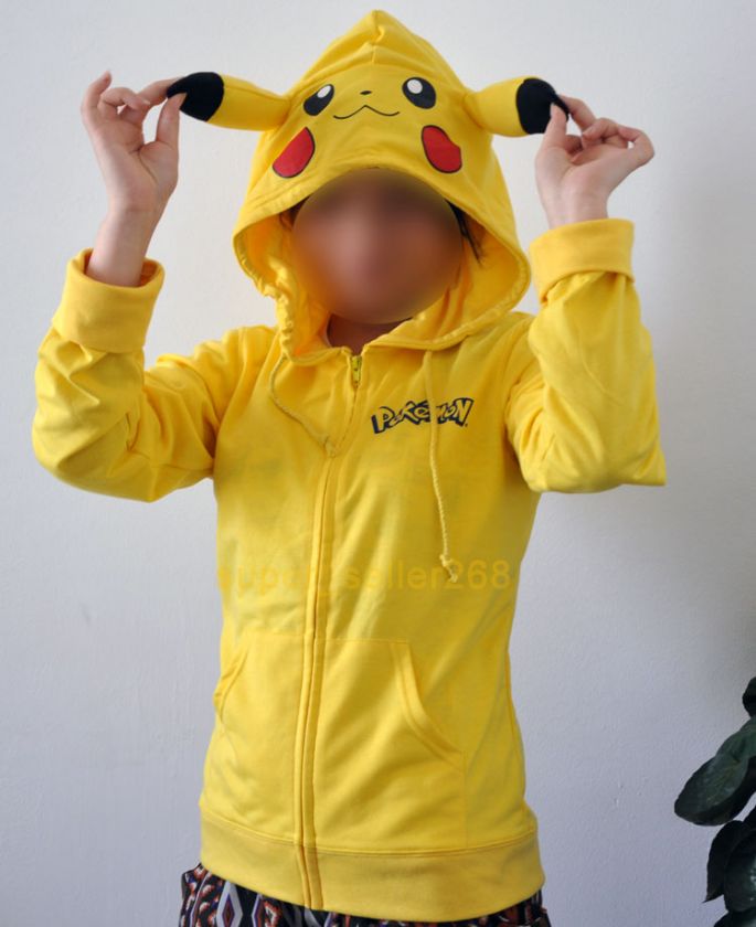 Pokemon Pikachu Ears Zip Hoodie Hoody Cosplay Costume Japen Anime 