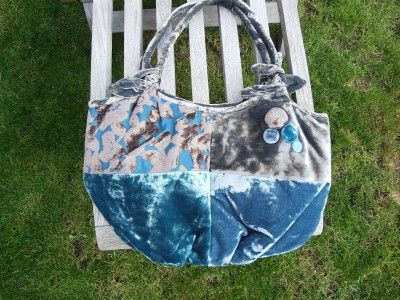 LAU EMBOSSED SILK VELVET BLUE/GREY RABBIT EAR PATCH BAG NEW  