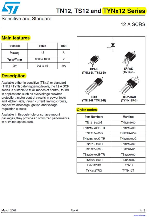 TYN612 TYN612RG Pb Free RoHS SCR 12A 600V ST  