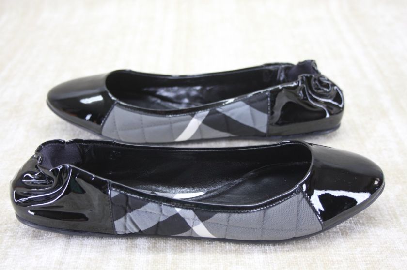 NIB Womens Burberry Black Patent nova Check Ballet Flats Shoes 38.5 7 