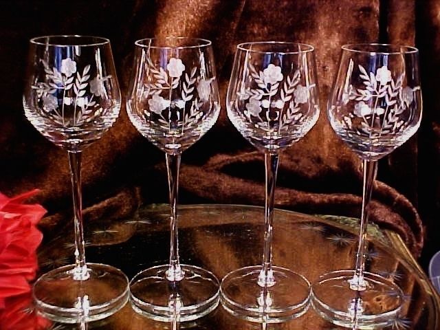 Vintage REALLY TALL CUT Crystal Wine Glasses FLOWERS & LEAVES 