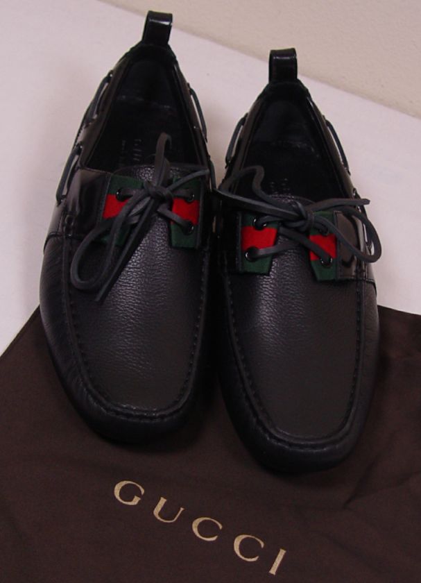 GUCCI SHOES $495 BLACK LOGO GROSGRAIN VAMP TIED DRIVERS 9.5 42.5e NEW 