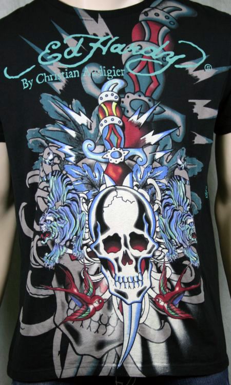 Ed Hardy Skull Dagger Blue Tiger T shirt Black NEW  