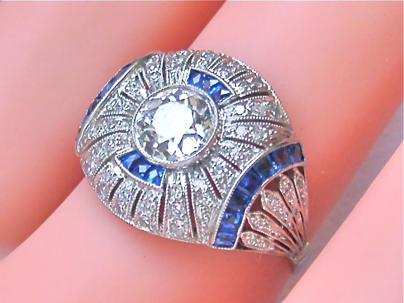 ART DECO 1.15ct MINE DIAMOND .44ct SAPPHIRE RING 1925  